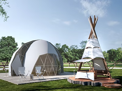 Stylish Luxury Glamping Dome And Tipi Tents Set On Lush Green Outdoor Countryside Camping Site 3d model