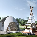 Stylish Luxury Glamping Dome And Tipi Tents Set On Lush Green Outdoor Countryside Camping Site