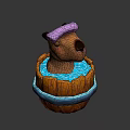 Cartoon Animal Character Wearing Pink Bath Cap in Wooden Barrel Tub With Water