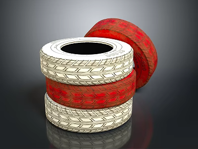 Stylish Stacked Red And White Tires With Intricate Tread Patterns On Dark Background 3d model