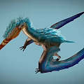 Feathered Flying Pterosaur With Blue Feathers Orange Beak And Blue Wings In Flight