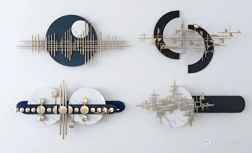 Modern Geometric Wall Decor With Black White Gold Elements And Marble Accents 3d model