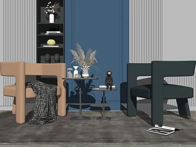 Light Brown And Dark Green Leisure Sofa Combination With Side Table Decorative Plants And Blue Wall 3d model
