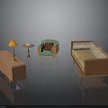Living Room Interior With Green Armchair Patterned Sofa Wooden Cabinet And Table Lamp