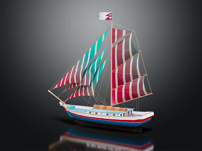 Colorful Striped Sails Small Sailboat Featuring White Blue Hull And Decorative Flag 3d model