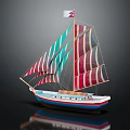 Colorful Striped Sails Small Sailboat Featuring White Blue Hull And Decorative Flag