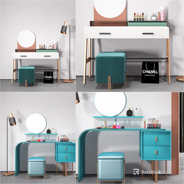 Modern Turquoise Vanity Table With Round Mirror Stool And Cosmetics Drawers 3d model 