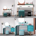 Modern Turquoise Vanity Table With Round Mirror Stool And Cosmetics Drawers 3d model