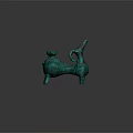 Ancient Bronze Sculpture With Turquoise Patina Three Legged Curved Handle And Slender Spout