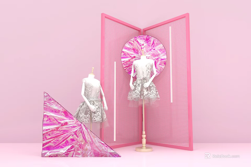 Art Installation With Pink Screen Mannequins In Silver Dresses Fan And Triangle Decorations 3d model 