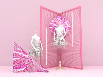 Art Installation With Pink Screen Mannequins In Silver Dresses Fan And Triangle Decorations 3d model