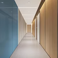 Public Office Corridor With Wooden Doors Blue Glass Partitions Gray Flooring And Recessed Lighting