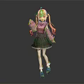 Blonde Twin Tailed Girl In Pink Sweater With Black Skirt And Little White Rabbit Companion