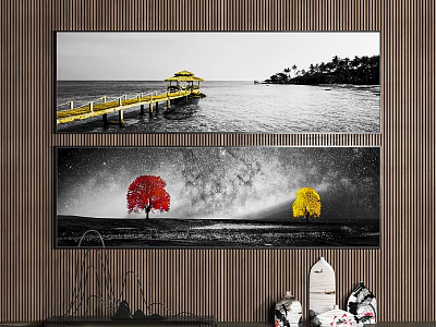 Two Decorative Paintings With Black White Seascape Yellow Pier Gazebo And Red Yellow Trees 3d model