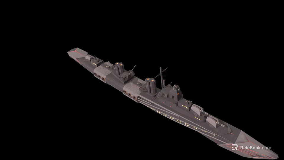 Detailed Gray Warship Model With Bridge Smokestacks And Cannons On Black Background 3d model 