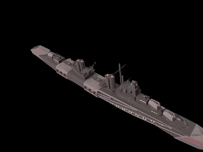 Detailed Gray Warship Model With Bridge Smokestacks And Cannons On Black Background 3d model