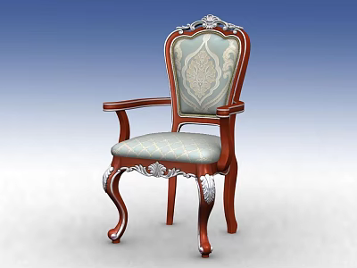 Classical Dining Chair With Carved Backrest Wooden Frame Patterned Cushion Armrest And Curved Legs 3d model
