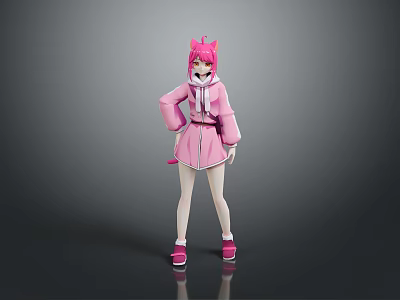 Pink Haired Game Character In Pink Hoodie Shorts White Socks And Pink Shoes 3d model