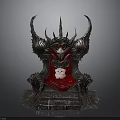 Ornate Black Throne With Red Cushion Horned Design Metal Carvings And Small Pink Pig Figurine