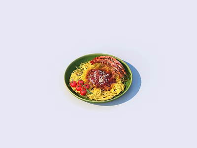 Delicious Spaghetti on Green Plate Topped With Red Sauce Cherry Tomatoes and Shrimps 3d model
