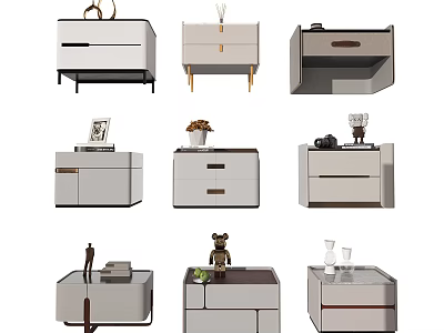 Modern Bedside Tables Design Collection With Drawers Metal Legs and Decorative Items Like Photo Frames 3d model