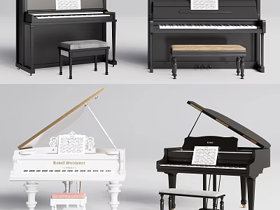 Classic Musical Instruments Black White Upright Grand Pianos With Bench And Sheet Music 3d model