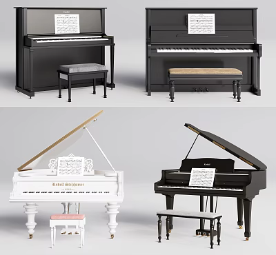 Classic Musical Instruments Black White Upright Grand Pianos With Bench And Sheet Music 3d model