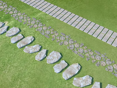 Garden Pathways With Stone Slabs And Irregular Stones On Grassy Area 3d model