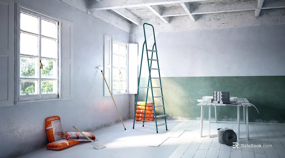 Renovation Supplies In Room With Green Ladder Broom Orange Bags White Table Grey Bucket 3d model 