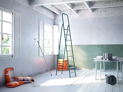 Renovation Supplies In Room With Green Ladder Broom Orange Bags White Table Grey Bucket 3d model