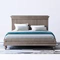 Modern Wooden Double Bed With White Pillows Gray Cushions Blue White Blanket And Striped Rug