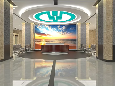 Modern Front Desk Reception Area With Stylish Desk And Artistic Background Wall Decor 3d model
