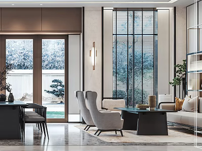 Modern Living Room Interior With Sofa Chairs Coffee Table And Floor to Ceiling Windows 3d model