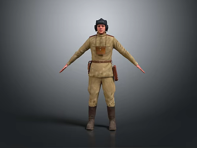 Game Film Character 3D Model In Khaki Military Uniform With Helmet And Open Arms Pose 3d model