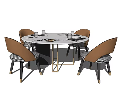 Modern Round Dining Table Set With Marble Tabletop Metal Frame And Brown Upholstered Chairs 3d model