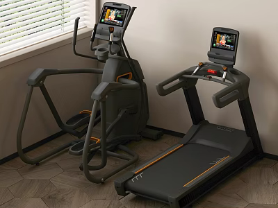 Home Gym Fitness Setup With Elliptical Machine Treadmill And Digital Display Screens 3d model