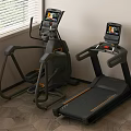 Home Gym Fitness Setup With Elliptical Machine Treadmill And Digital Display Screens