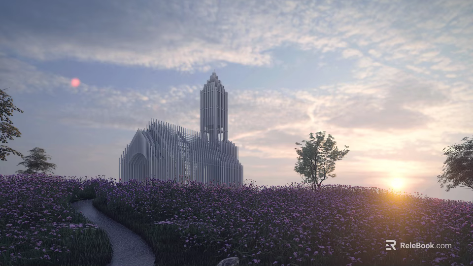 Ancient Architecture Surrounded By Purple Flower Field Pathway And Sunset Clouds 3d model 