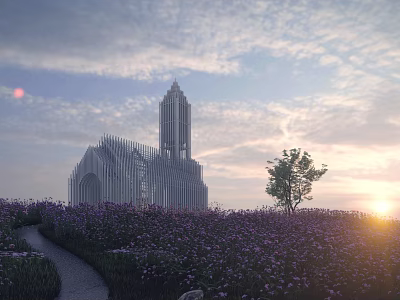 Ancient Architecture Surrounded By Purple Flower Field Pathway And Sunset Clouds 3d model