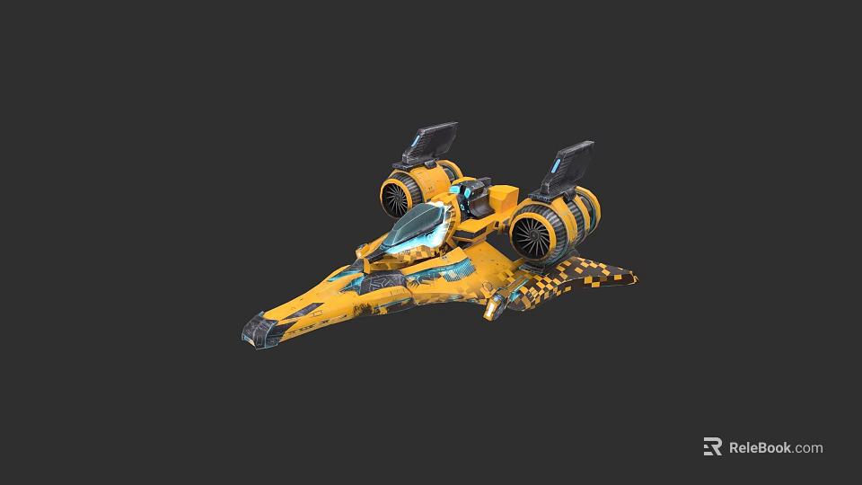 Futuristic Yellow Sci Fi Spaceship With Dual Engines And Transparent Cockpit 3d model 
