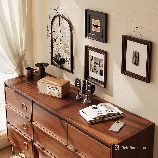 Ornamental Decoration Collection with Decorative Mirror Photo Frames Open Book and Lamp on Wooden Dresser 3d model 