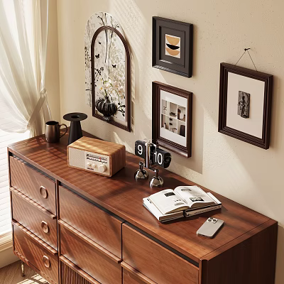 Ornamental Decoration Collection with Decorative Mirror Photo Frames Open Book and Lamp on Wooden Dresser 3d model