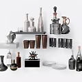 Stylish Cups Display with Bottles Vases and Plates on Modern Decor Shelf