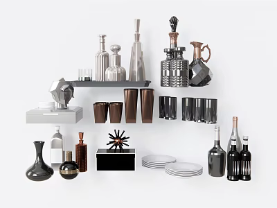 Stylish Cups Display with Bottles Vases and Plates on Modern Decor Shelf 3d model
