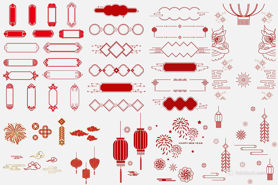 Traditional Chinese Red Wall Decor With Lanterns Cloud Patterns And Fireworks Elements 3d model 