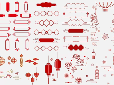 Traditional Chinese Red Wall Decor With Lanterns Cloud Patterns And Fireworks Elements 3d model