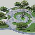 Park Landscape With Winding Paths Lush Trees Green Lawns And Circular Seating Areas