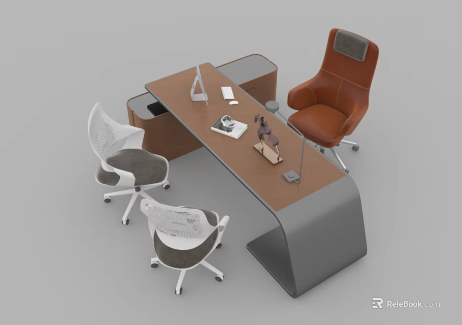 Modern Office Desk With Brown Leather Chair White Mesh Chairs And Desktop Accessories 3d model 