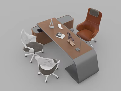 Modern Office Desk With Brown Leather Chair White Mesh Chairs And Desktop Accessories 3d model