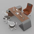 Modern Office Desk With Brown Leather Chair White Mesh Chairs And Desktop Accessories